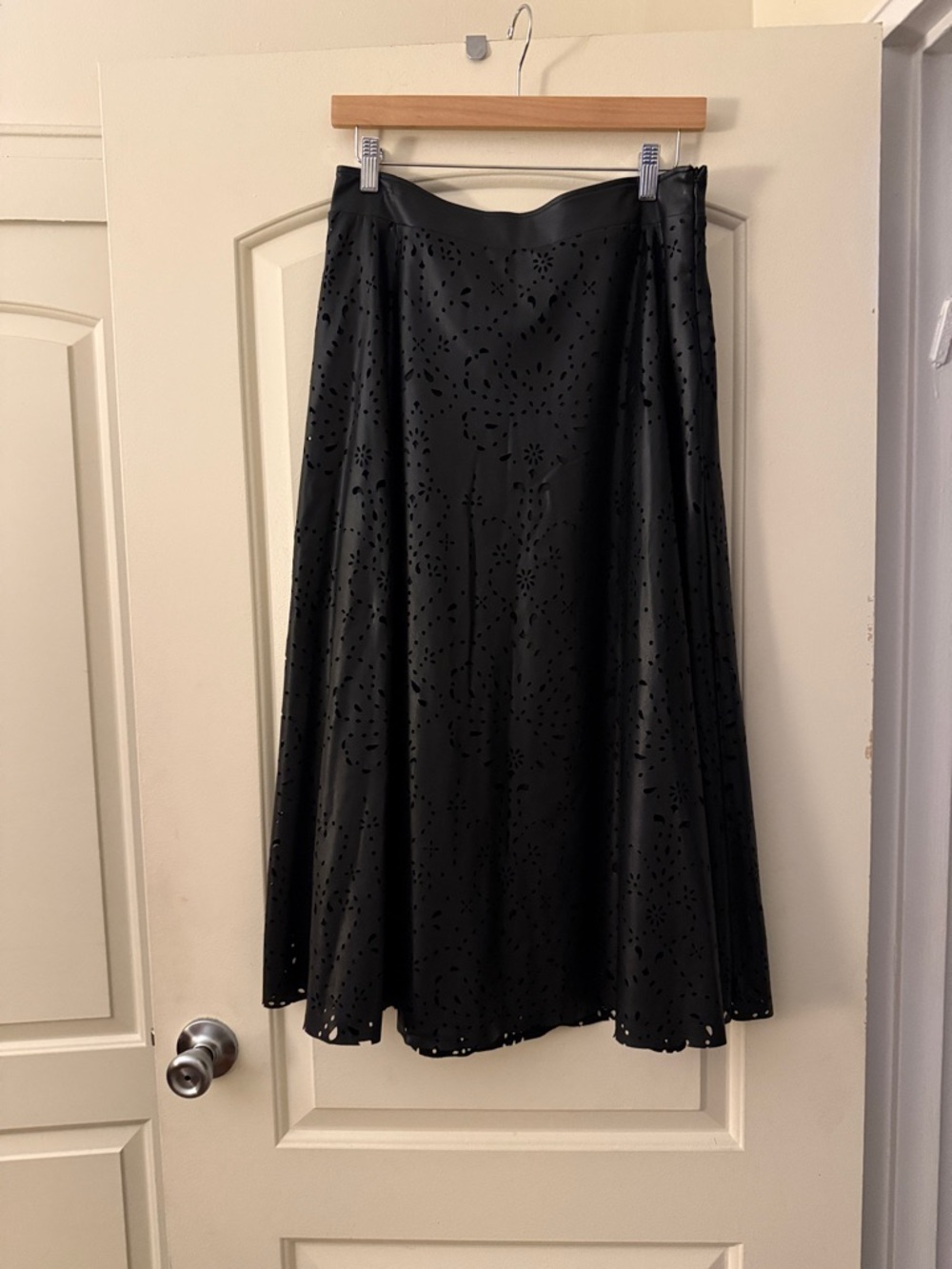 Zara Black Laser-Cut A-Line Faux Leather Midi Skirt